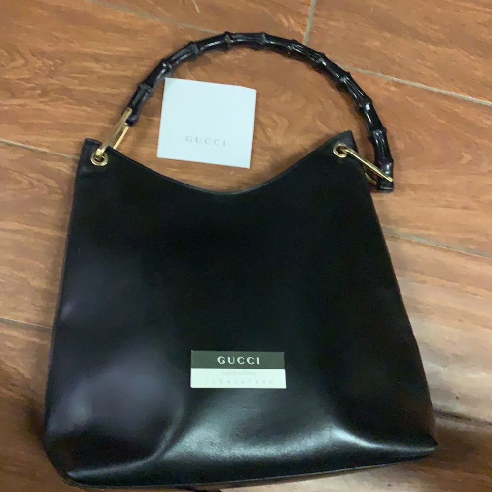 vintage GUCCI black calfskin leather‎ Bamboo handle shoulder hobo tote bag - Picture 12 of 12